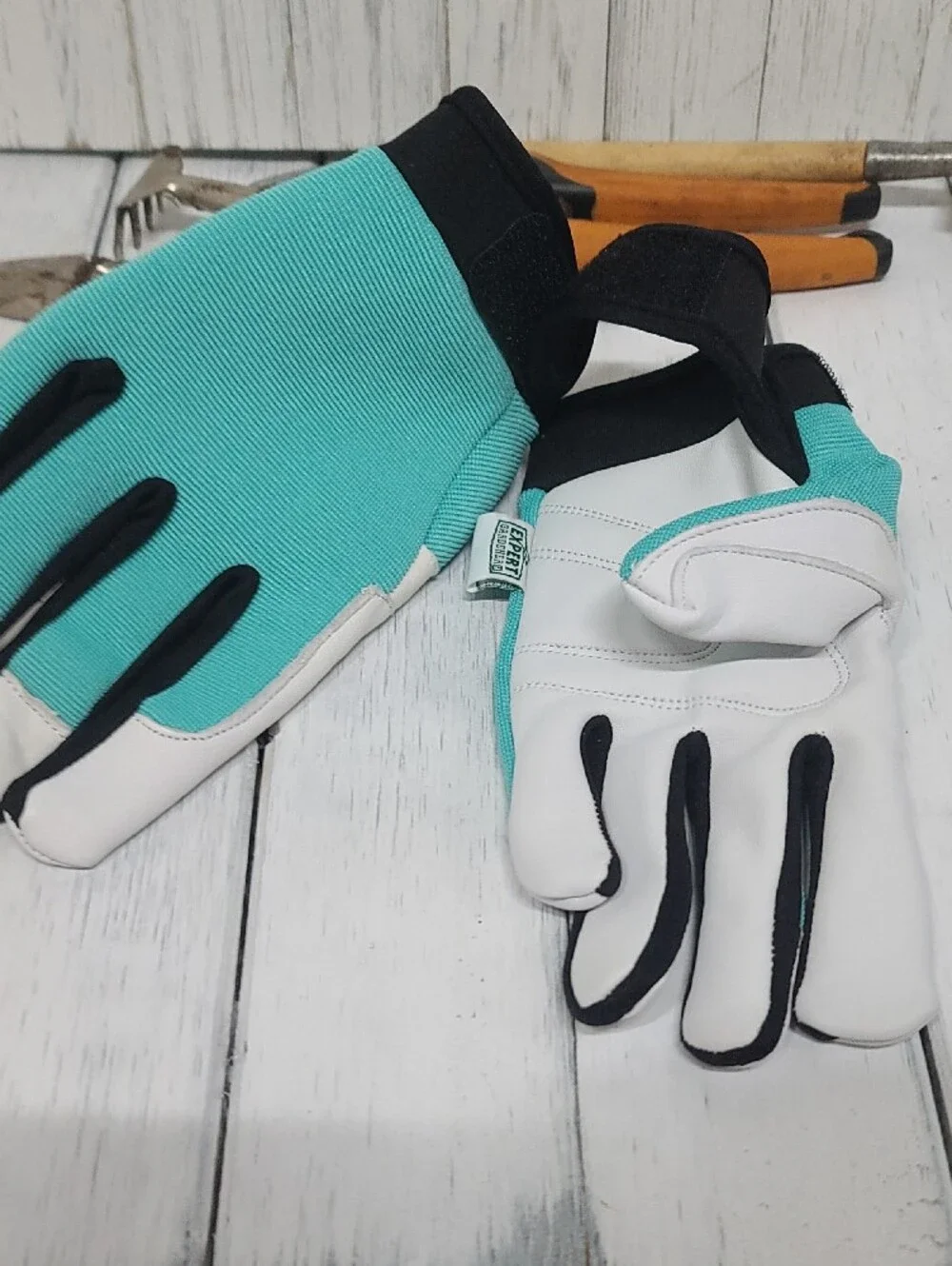 Expert Gardener 2 PAIR Teal Black White Goatskin Palm Gloves Med Velcro NWT